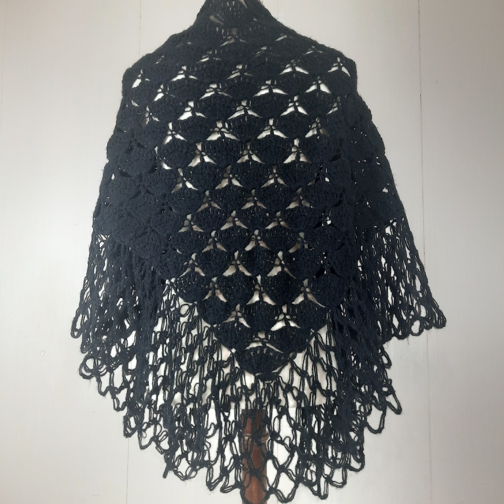 Crochet Handmade Black Shaw Wrap Triangle Gypsy Cottagecore Goth Dark Academia